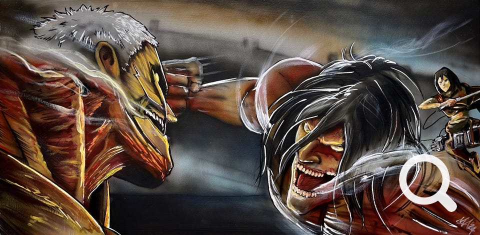 Quadro anime illustrativo, acrilici e aerografo, contrasti forti, toni cupi, cartoni animati, attacco dei titani, gianti all'attacco, scontro tra titani, anime
