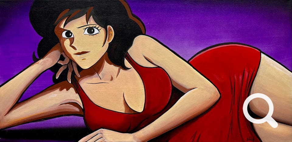 Quadro anime illustrativo, acrilici su tela, contrasti forti, rosso e viola, cartoni animati anni 80, Fujiko e Lupin III, sexy Fujiko