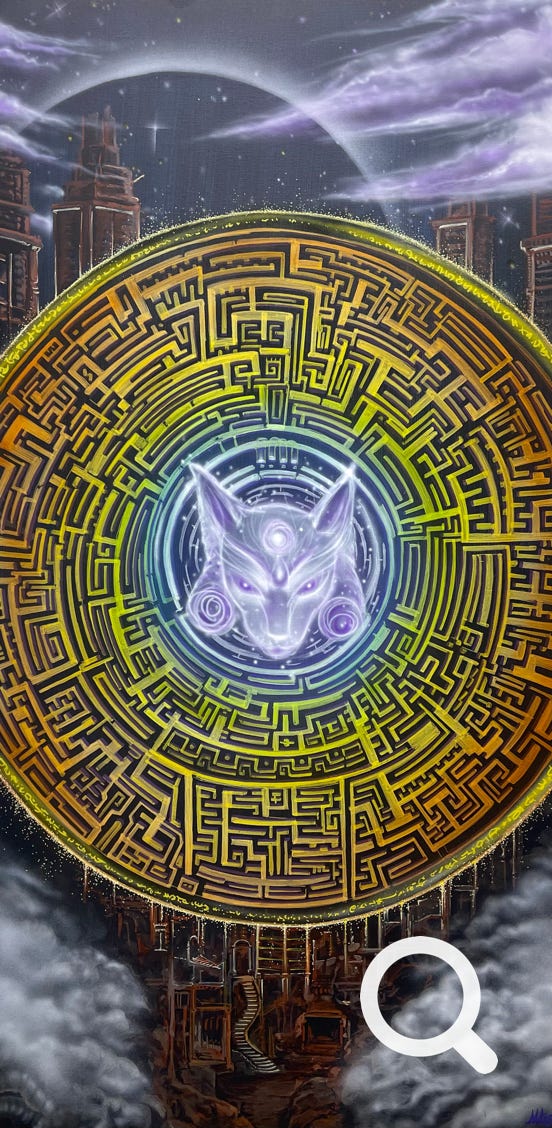 Labirinto multicolore, toni caldi, quadro illustrativo esoterico, gatto guardiano, figura eterica, dimensioni parallele, dagli inferi al cielo, dimensione verticale, acrilici e pantoni su tela
