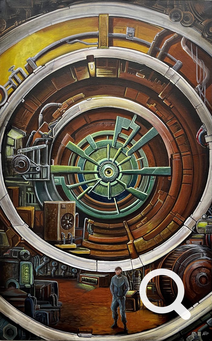 Quadro illustrativo moderno, macchine e lavoro, uomo e macchina, ingranaggi e cerchi, toni caldi e meccanismi, acrilici su tela, media dimensione