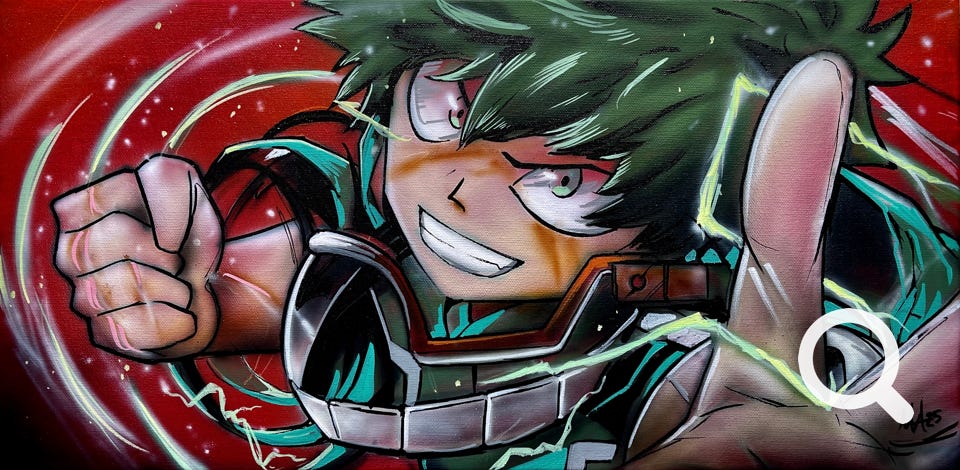 Quadro anime giapponesi, acrilici e aerografo su tela, colori freddi e caldi, determinazione, combattimenti, my hero academia personaggio