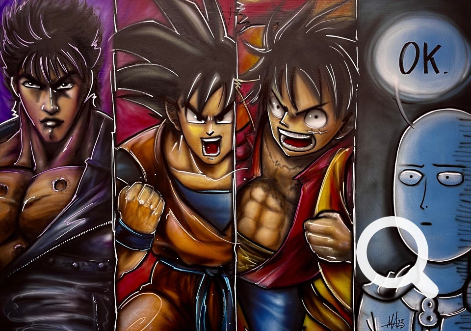 Quadro moderno, illustrativo, acrilici, pantoni e aerografo su tela, Ken shiro, Goku, Luffy, Saitama, Dragonball, One piece, One punch man, grande dimensione